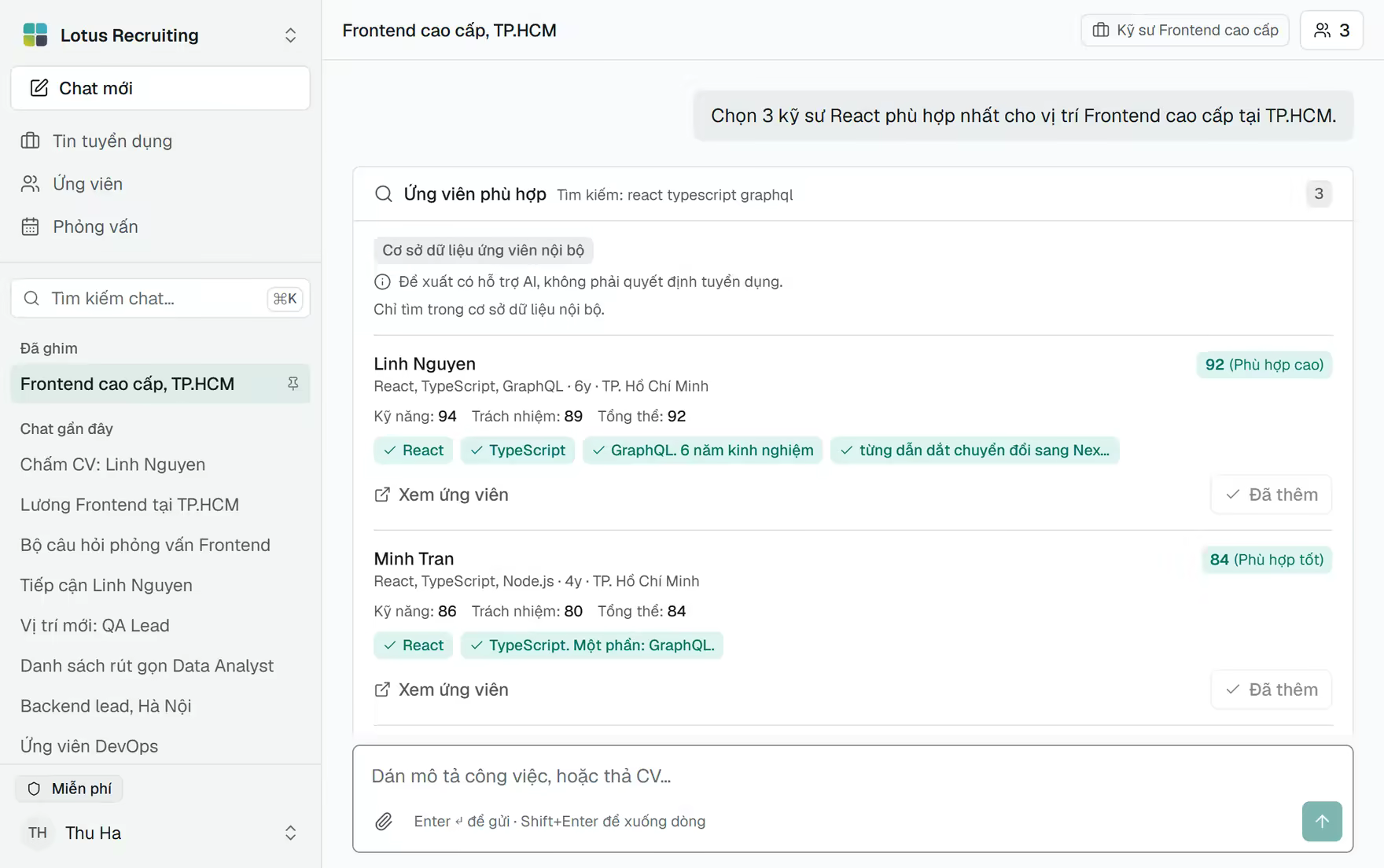Khung chat TalentsGrid: AI trả về ba ứng viên đã xếp hạng cho vị trí Senior Frontend, mỗi người kèm điểm phù hợp và lý do.