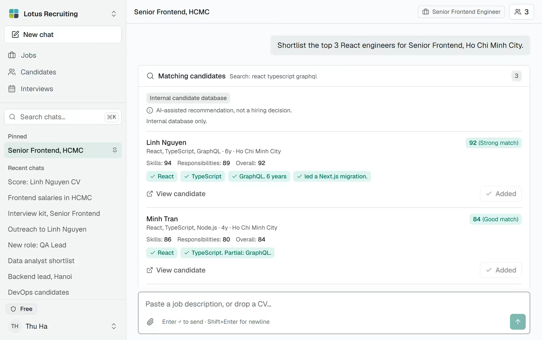 The TalentsGrid chat, where the copilot returns three ranked candidates for a Senior Frontend role, each with a fit score and a reason.