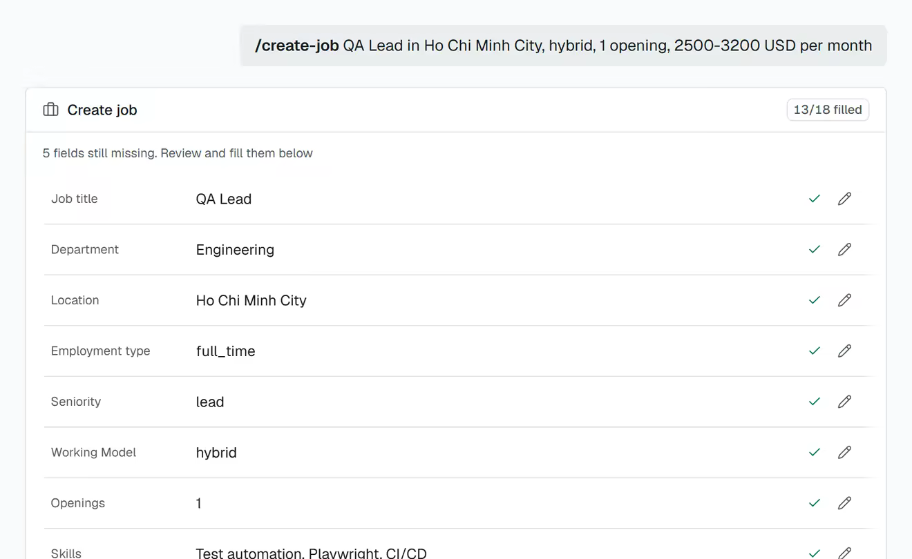 A draft job for a QA Lead with location, salary range and skills, waiting for approval.