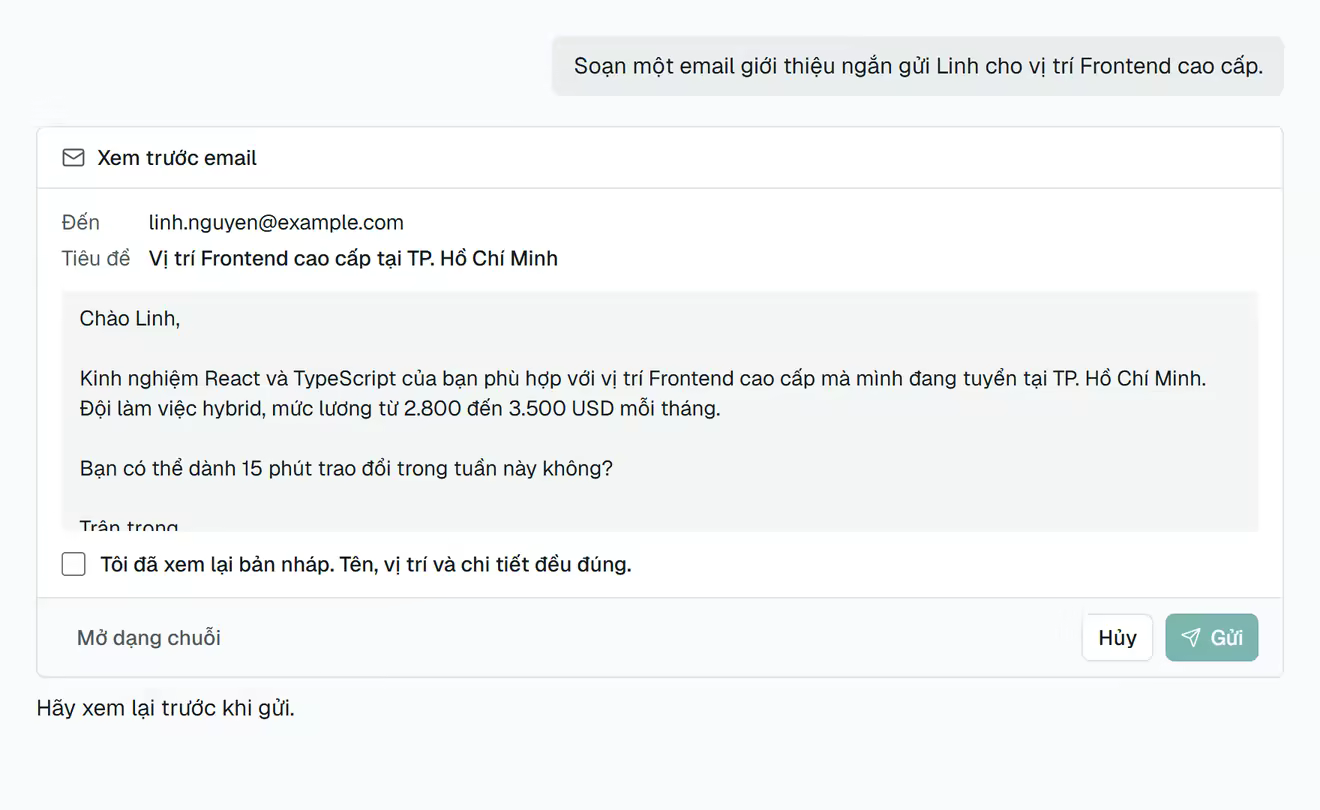 Bản xem trước email gửi ứng viên, gồm tiêu đề, nội dung ngắn và hai nút Gửi, Huỷ.