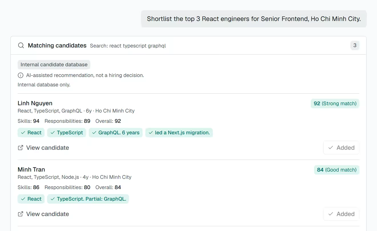 Three candidates ranked for a React search, each with a score and the reason it matched.